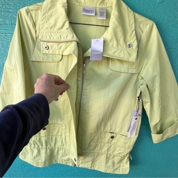 CHICO’S PISTACHIO PASTEL GREEN CARGO SHORT TRENCH RAIN JACKET SZ SMALL NWT - Picture 8 of 9